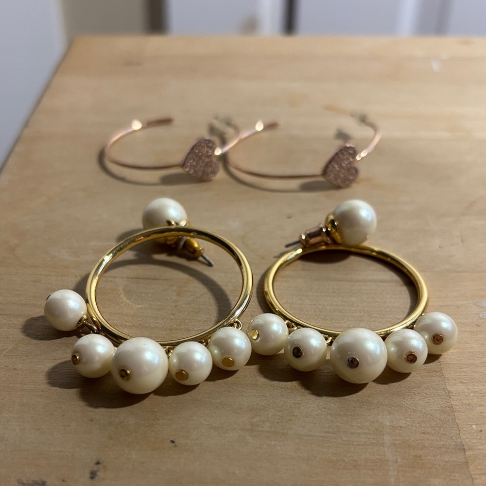 Elegant Gold and Pearl Hoop Earrings and Rose Gold heart hoops